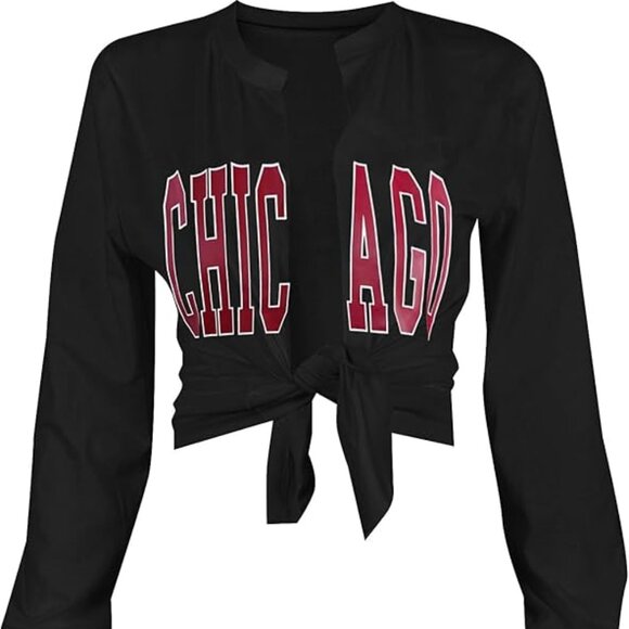 Tops - Women Tie Front Tops Sexy Cropped Long Sleeve Deep V Neck Shirt Clubwear